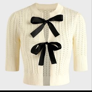Cider women's bow tie front black ribbon cream short sleeved, crop cardi…